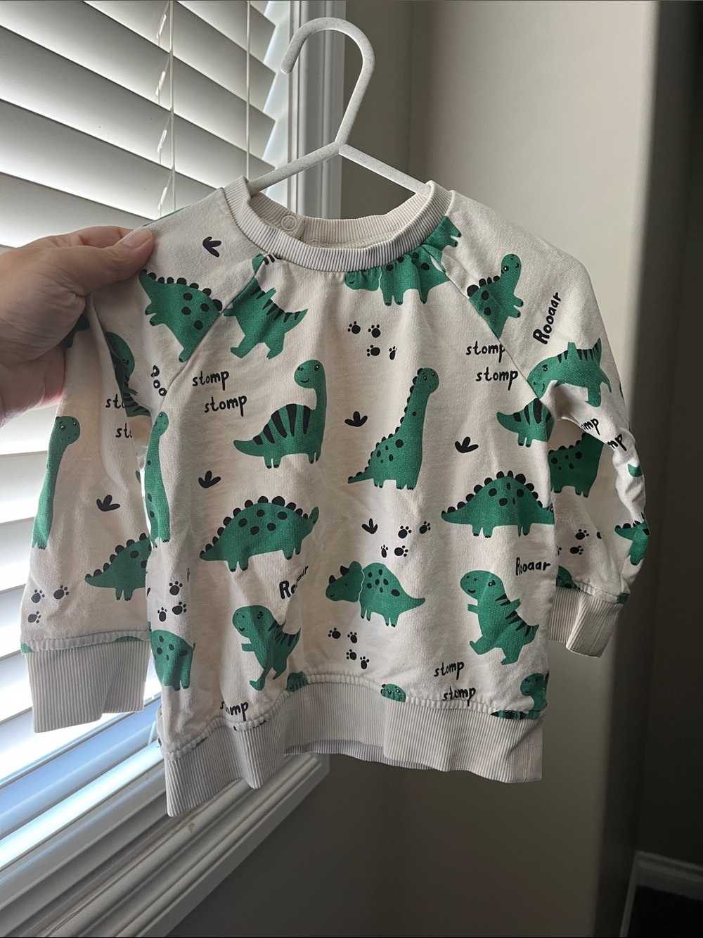 H&M Cream Sweatshirt with Green Dinosaur Print